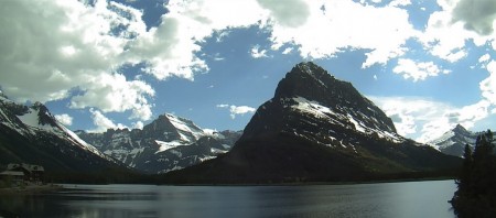 The view of Many Glacier from Glacier National Park's webcam.