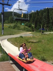 Mayhem and her mama cruising down the slide. 